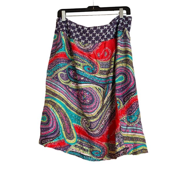 Silk Paisley Geometric Print Skirt Faux Wrap Sz 16 Vibrant Red Purple Zip - Picture 3 of 9